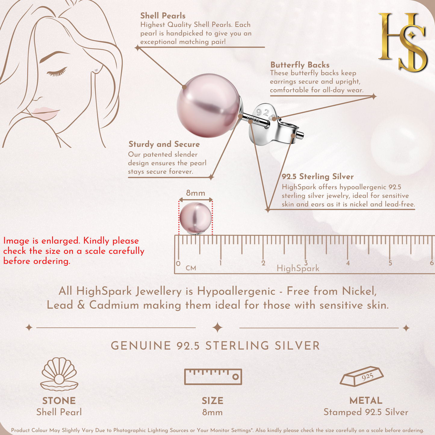 Classic Shell 8MM Pink Pearl Stud Earrings in 925 Sterling Silver with 18k Gold Finish For Women