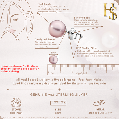 Classic Shell 8MM Pink Pearl Stud Earrings in 925 Sterling Silver with 18k Gold Finish For Women