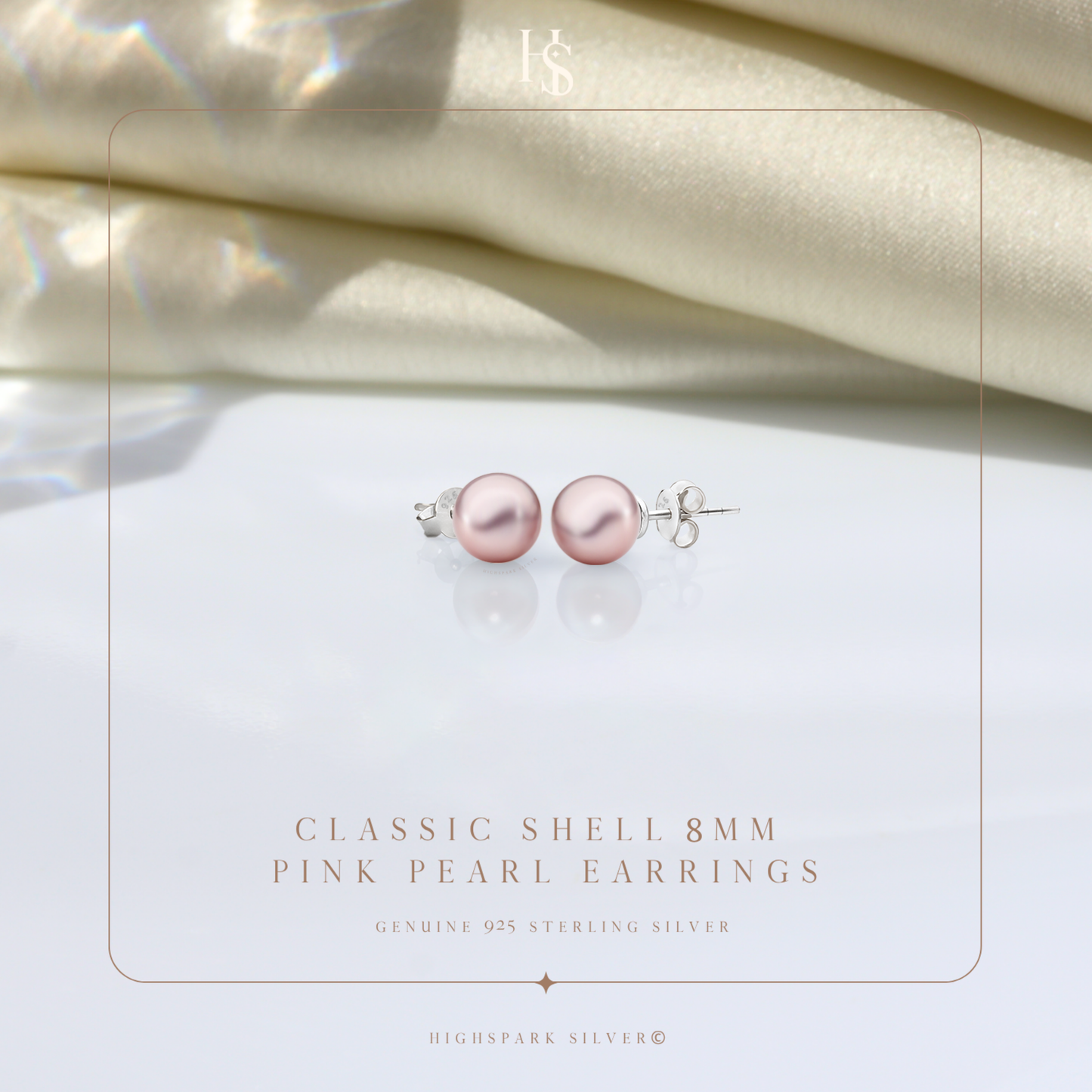 Classic Shell 8MM Pink Pearl Stud Earrings in 925 Sterling Silver with 18k Gold Finish For Women