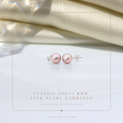 Classic Shell 8MM Pink Pearl Stud Earrings in 925 Sterling Silver with 18k Gold Finish For Women