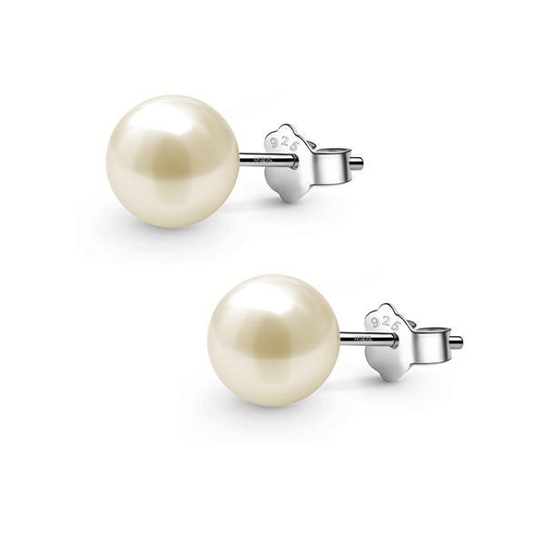 A pair of classic stud earrings with lustrous light golden pearls and sterling silver push-back closures on a white background.