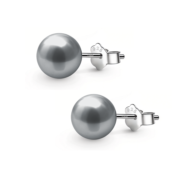A pair of stud earrings with lustrous grey pearls set in 925 sterling silver with butterfly push-back closures on a white background.
