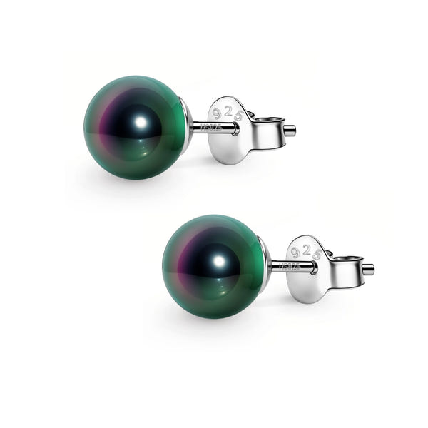 A pair of stud earrings with iridescent, dark green and purple abalone pearls set in sterling silver with push-back closures.