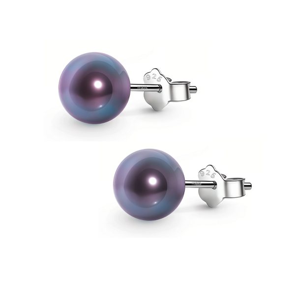 A pair of stud earrings with iridescent purple shell pearls and sterling silver butterfly backs, shown on a plain white background.