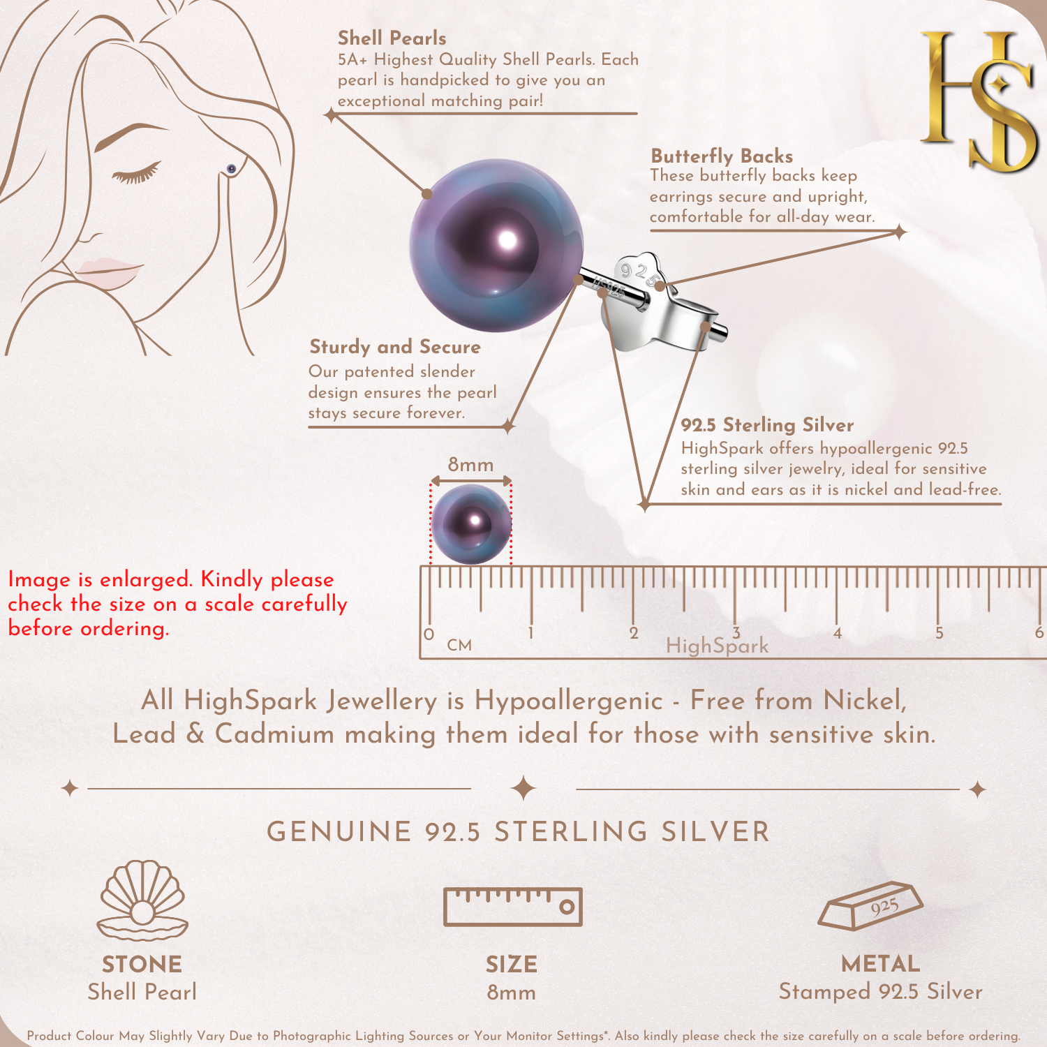Infographic showing the features of purple shell pearl stud earrings.