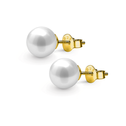 Classic Shell 10MM White Pearl Stud Earrings in 925 Sterling Silver with 18k Gold Finish For Women