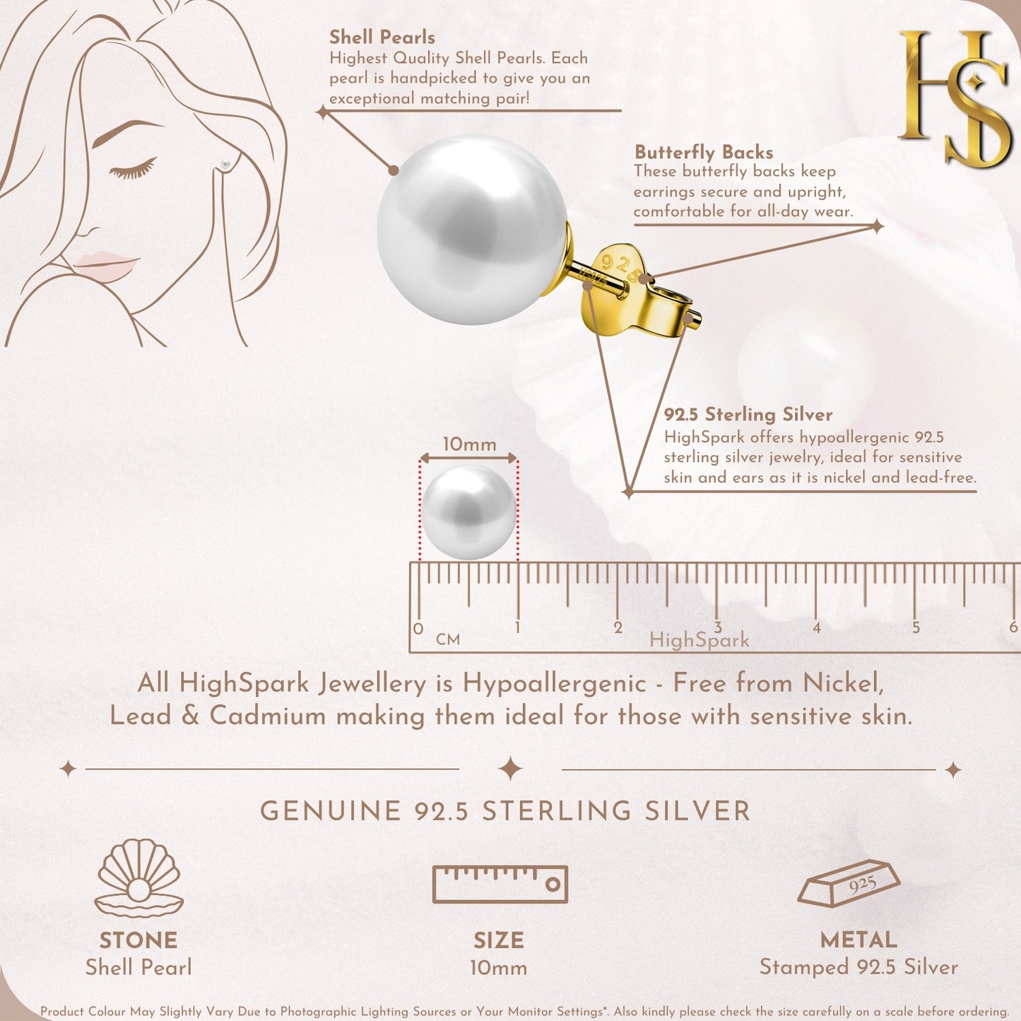 Classic Shell White Pearl Stud Earrings in 925 Sterling Silver in 18k Gold Finish For Women