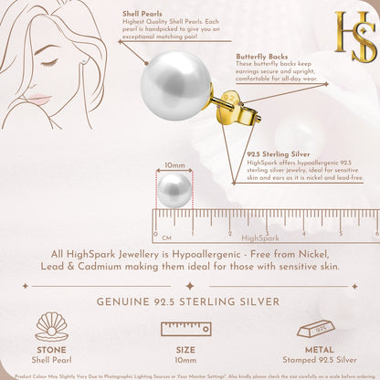 Classic Shell White Pearl Stud Earrings in 925 Sterling Silver in 18k Gold Finish For Women