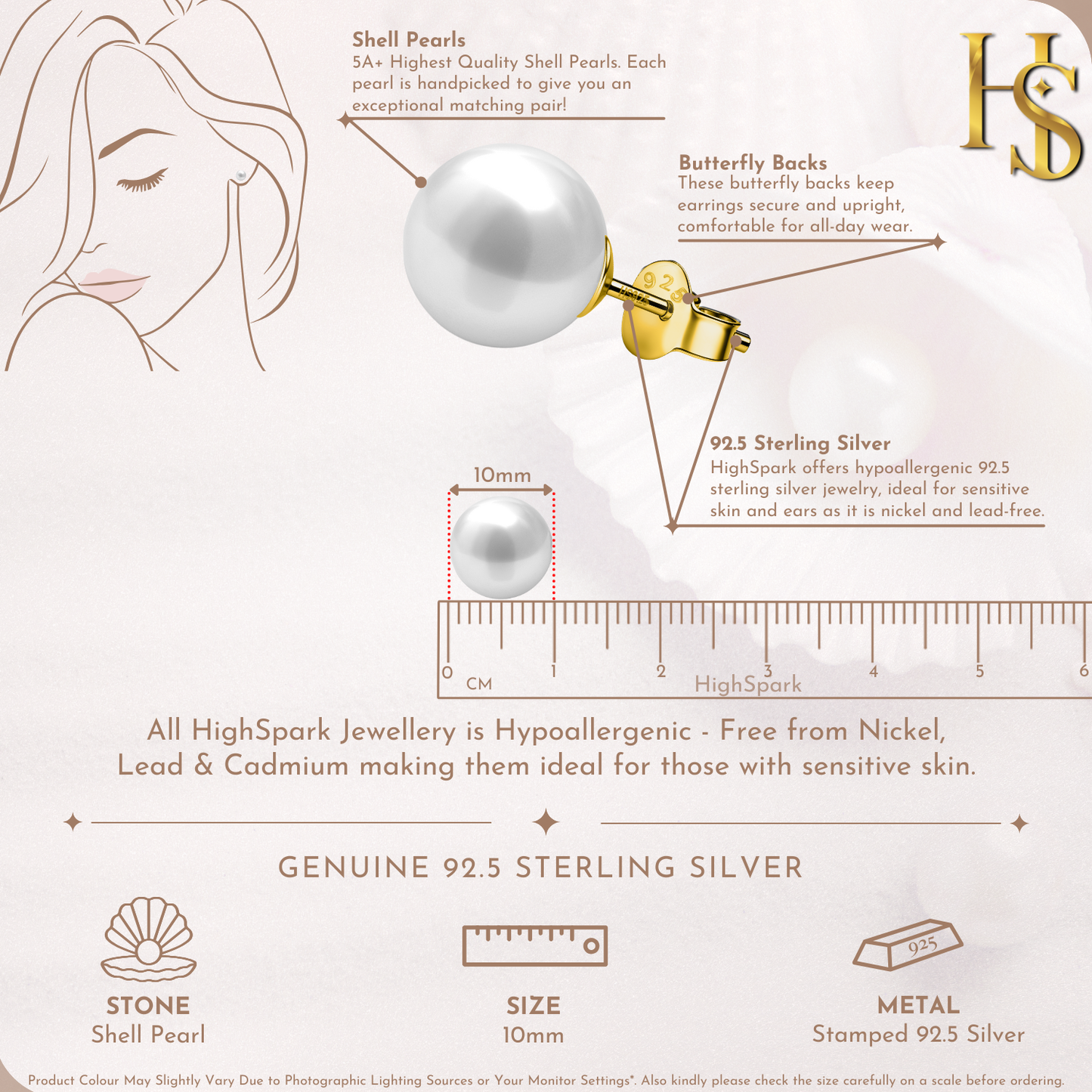Classic Shell 10MM White Pearl Stud Earrings in 925 Sterling Silver with 18k Gold Finish For Women