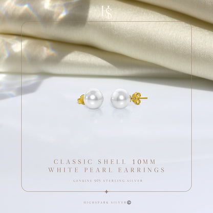 Classic Shell White Pearl Stud Earrings in 925 Sterling Silver in 18k Gold Finish For Women