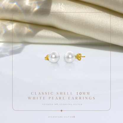 Classic Shell 10MM White Pearl Stud Earrings in 925 Sterling Silver with 18k Gold Finish For Women