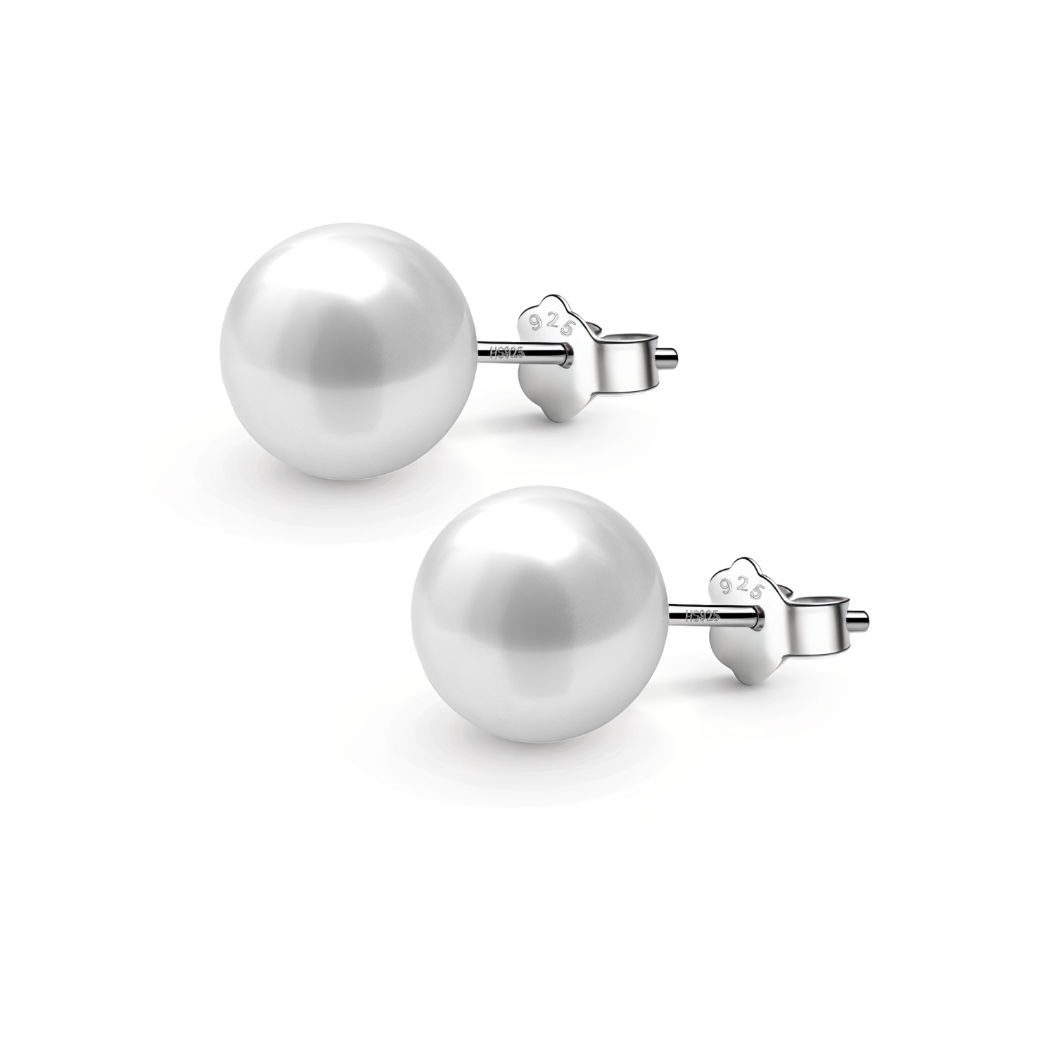 A pair of classic stud earrings with round white pearls set in sterling silver with push-back closures, shown on a white background.