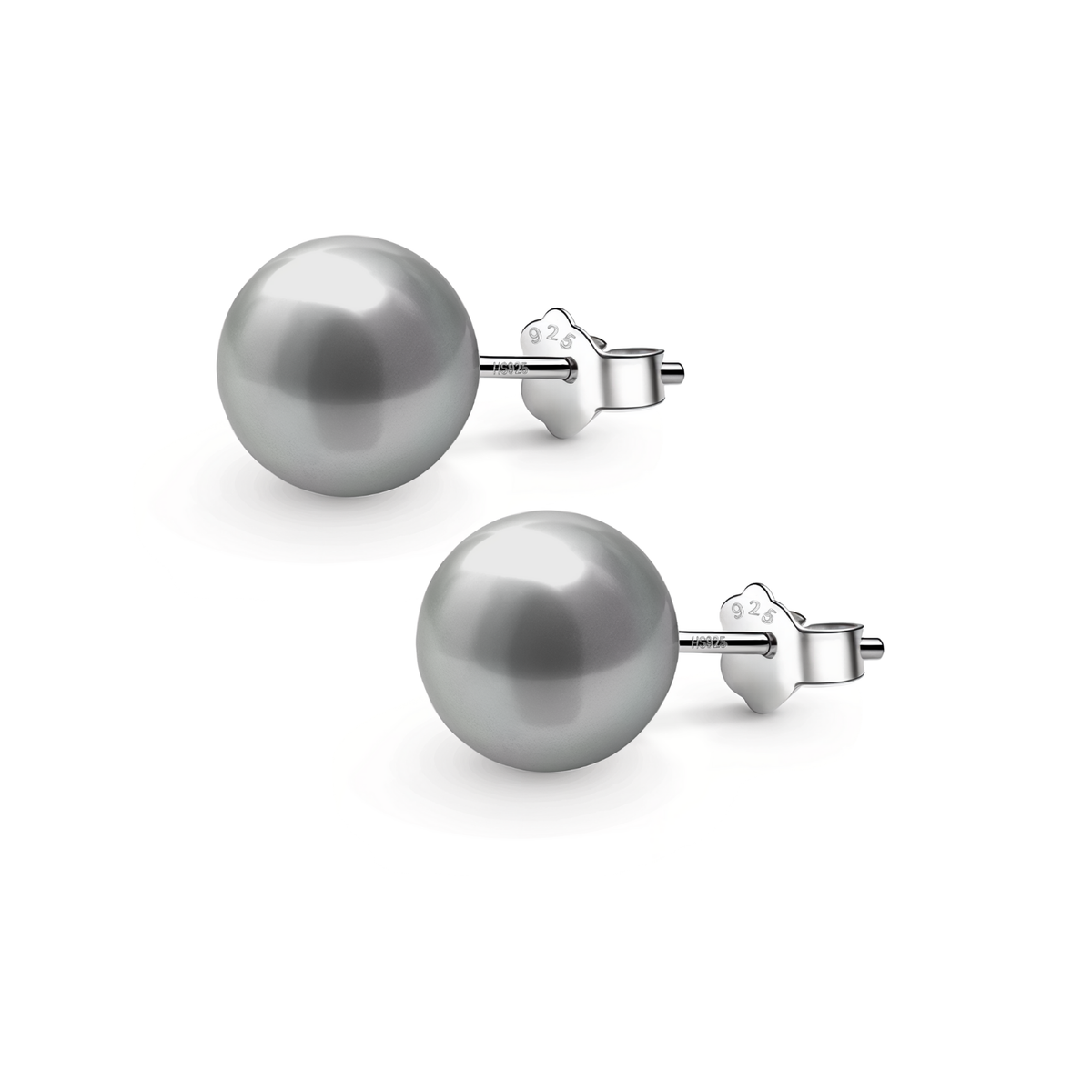 A pair of classic stud earrings with lustrous grey pearls set in sterling silver with butterfly push-backs, shown on a white background.