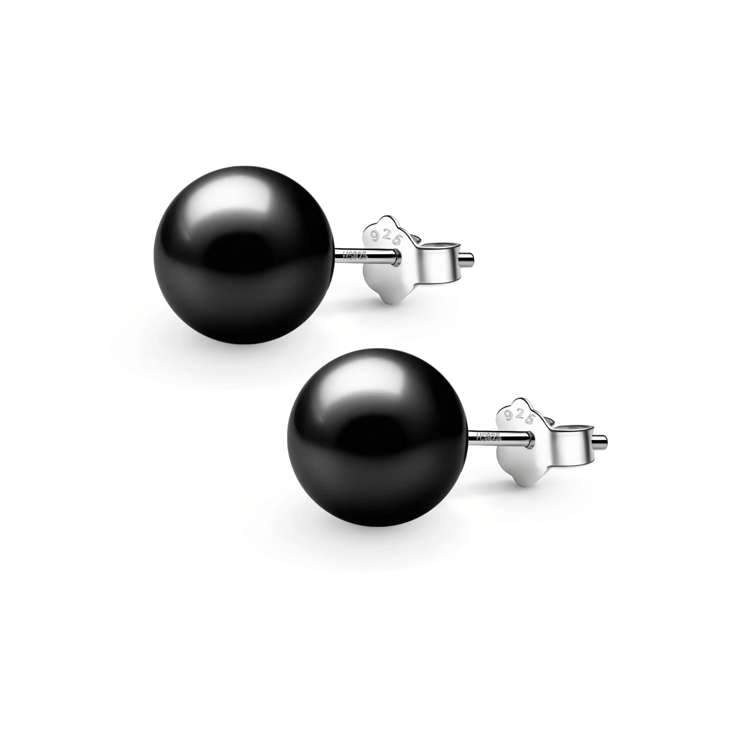 A pair of classic stud earrings with lustrous black pearls set on sterling silver posts with butterfly backs, shown on a white background.