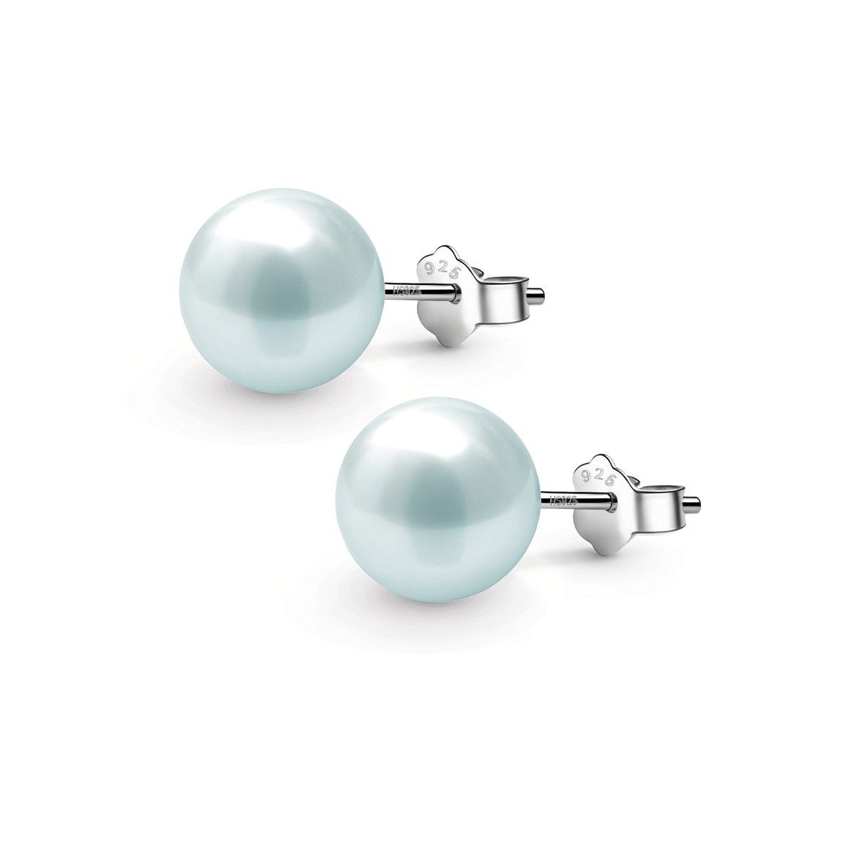 A pair of stud earrings with lustrous, light blue round pearls set in sterling silver with push-back closures on a white background.