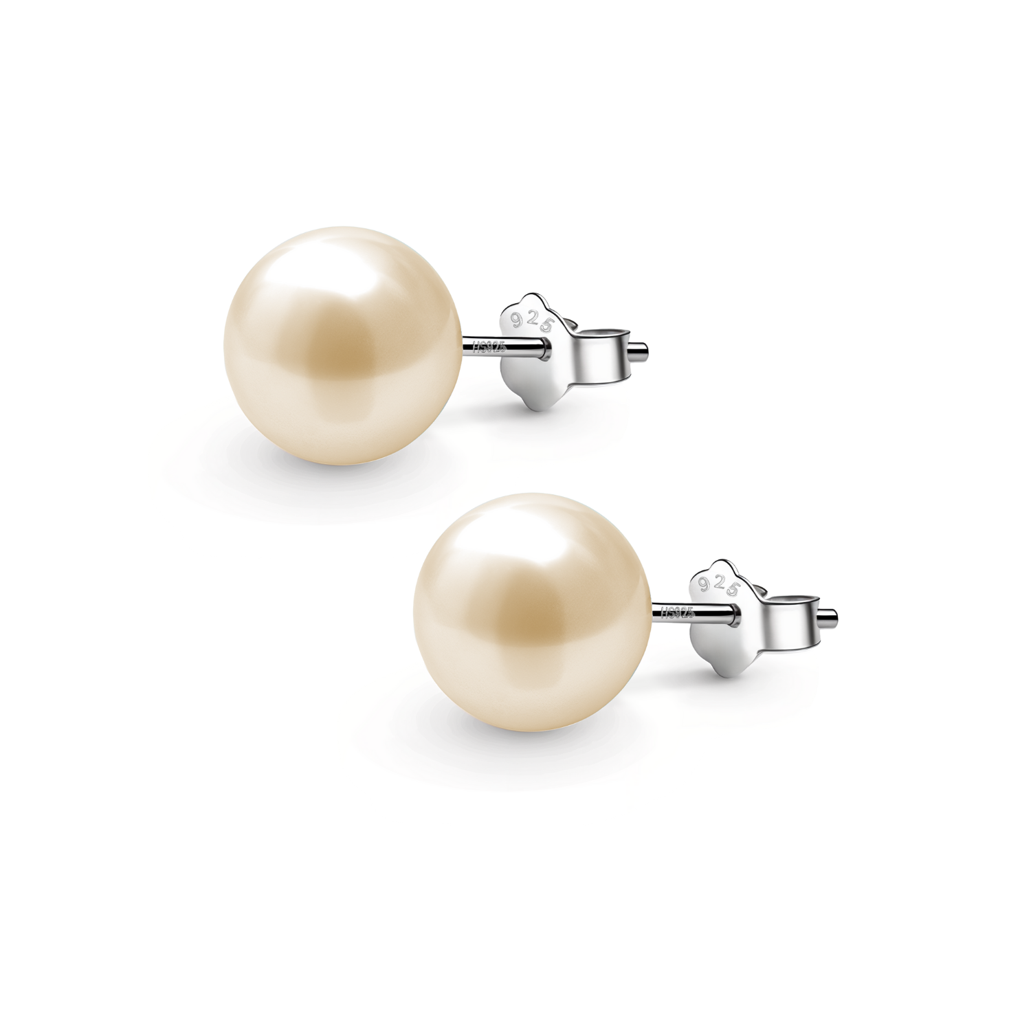 A pair of classic stud earrings with round, lustrous peach pearls set in sterling silver with butterfly backs, on a white background.