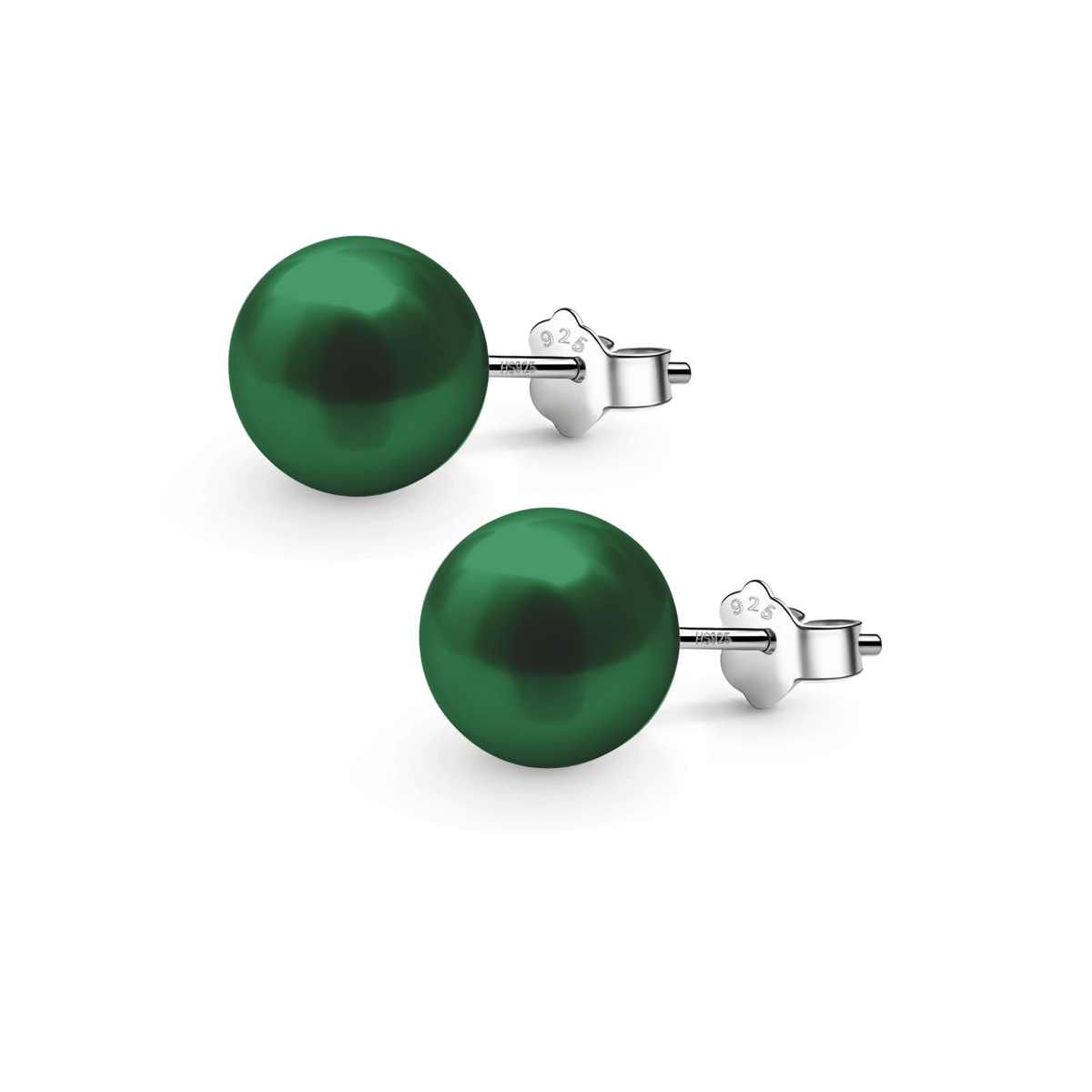 A pair of stud earrings with lustrous, emerald green pearls on 925 sterling silver posts with butterfly backs, shown on a white background.