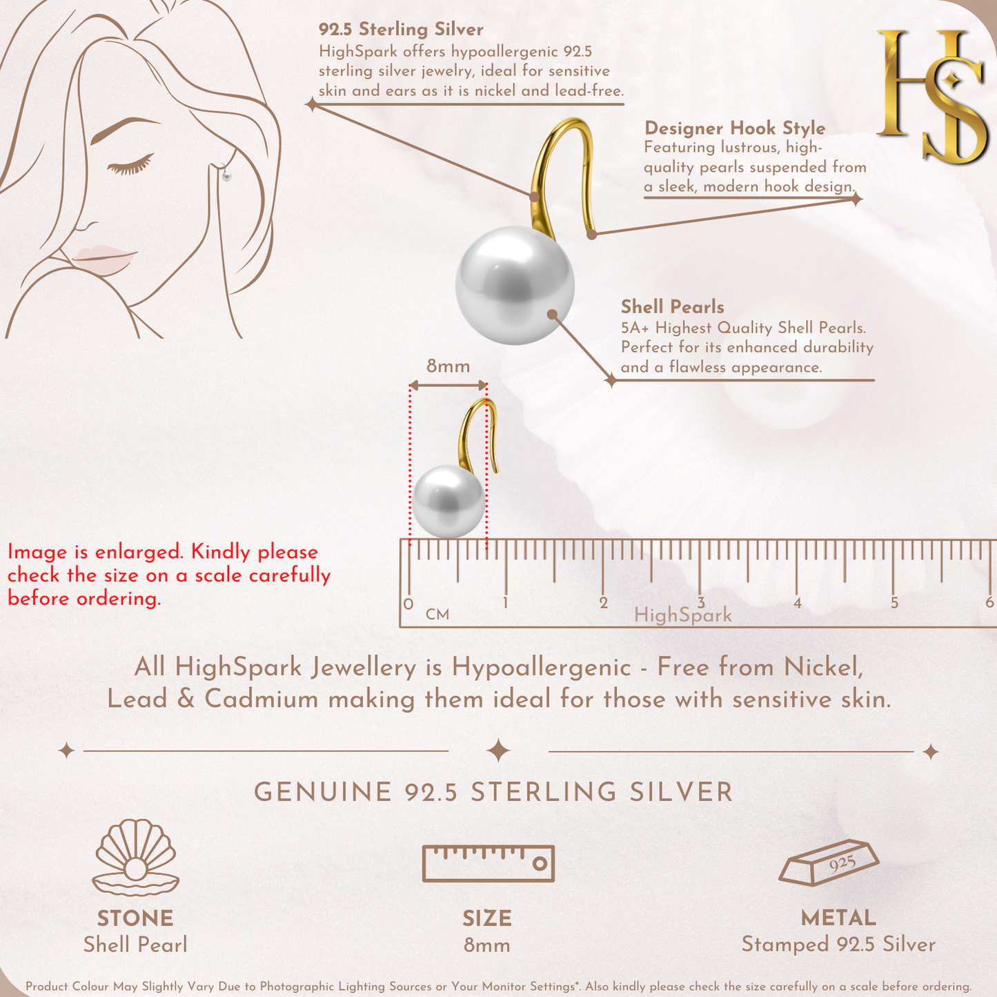 Designer 8MM White Pearl Drop Eatrings in 925 Sterling Silver with 18k Gold Finish For Women