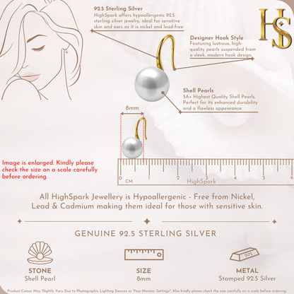 Designer 8MM White Pearl Drop Eatrings in 925 Sterling Silver with 18k Gold Finish For Women