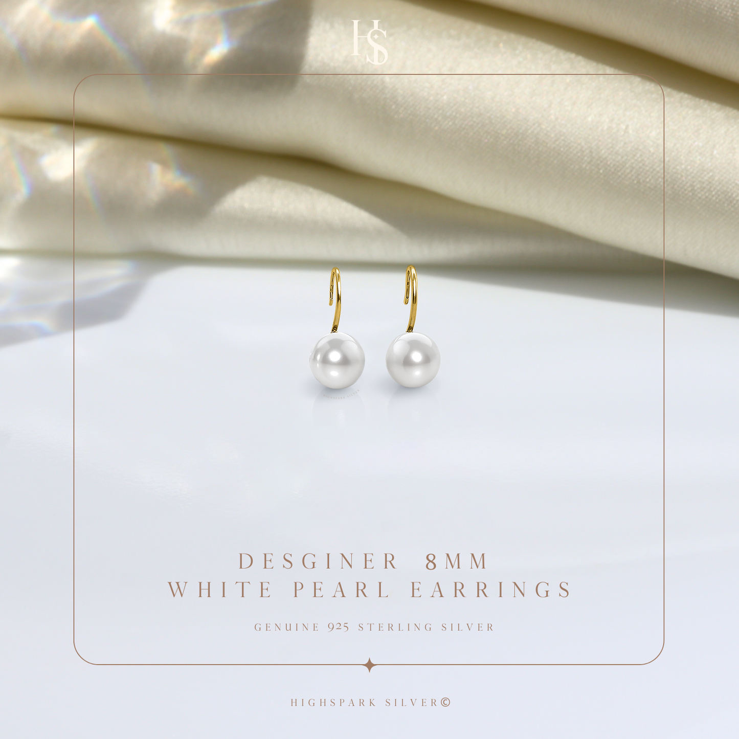 Designer 8MM White Pearl Drop Eatrings in 925 Sterling Silver with 18k Gold Finish For Women