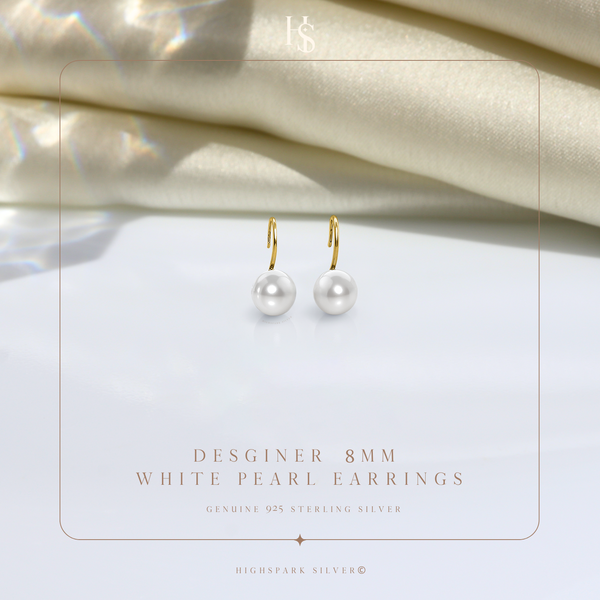 Designer 8MM White Pearl Drop Eatrings in 925 Sterling Silver with 18k Gold Finish For Women