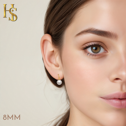 Designer 8MM White Pearl Drop Eatrings in 925 Sterling Silver with 18k Gold Finish For Women