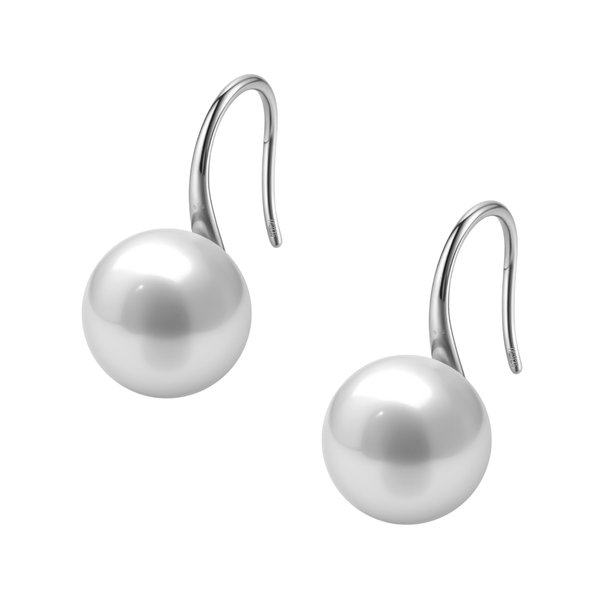 A pair of hook earrings with a large round white pearl drop in a sterling silver setting, shown on a white background.