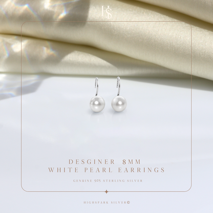 White Stylish Round Pearl Earrings in Hook Design