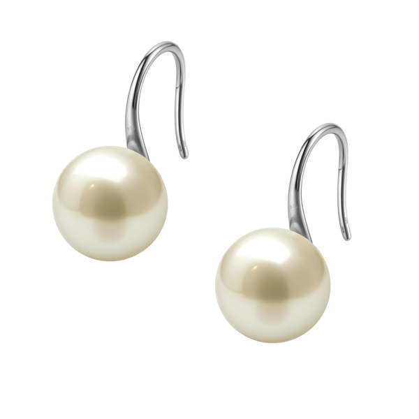 A pair of hook earrings with a large, round, light gold pearl on a sterling silver setting, shown on a white background.