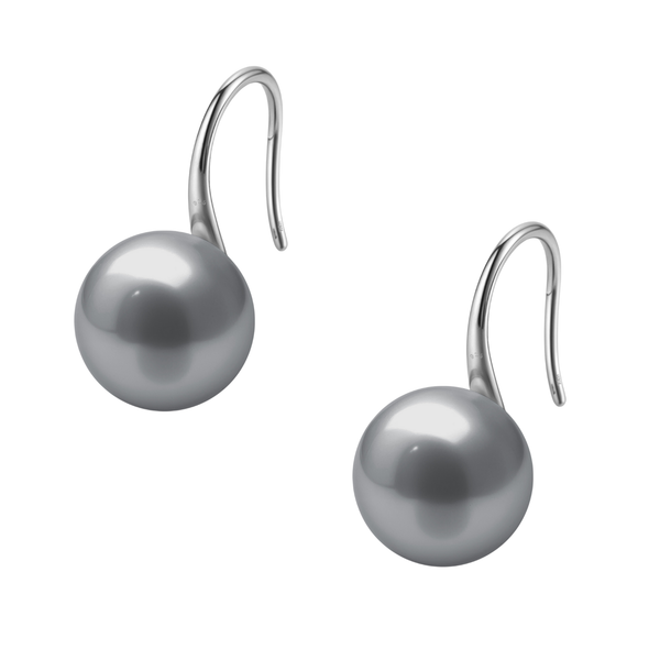 A pair of hook earrings with round grey pearls set in sterling silver, shown on a plain white background.
