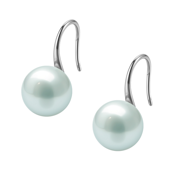 A pair of hook earrings with a large, round, light blue pearl on a sterling silver setting, shown on a white background.