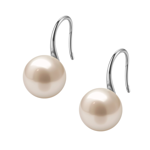 A pair of hook earrings with round, peach-coloured pearls set in sterling silver, shown on a plain white background.