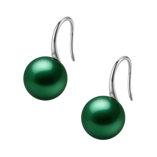 A pair of hook earrings with a single round, emerald green pearl on each, set in polished sterling silver on a white background.