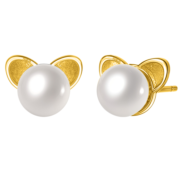 A pair of stud earrings with a white pearl set against a cat-ear motif in textured, gold-plated sterling silver on a white background.