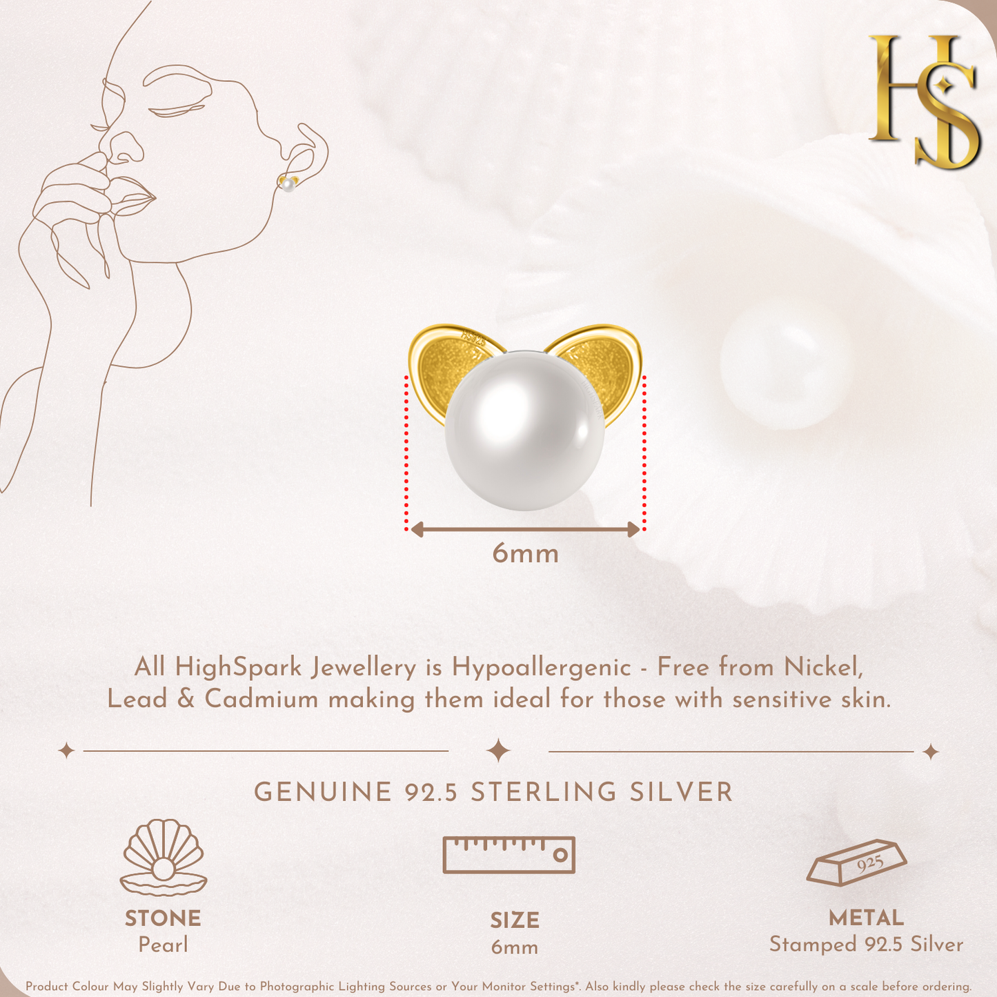 White Cat Pearl Stud Earrings in 925 Sterling Silver with 18k Gold Finish For Women