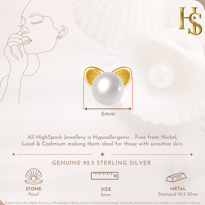 White Cat Pearl Stud Earrings in 925 Sterling Silver with 18k Gold Finish For Women