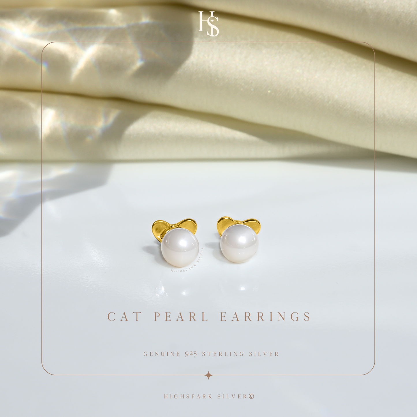 White Cat Pearl Stud Earrings in 925 Sterling Silver with 18k Gold Finish For Women