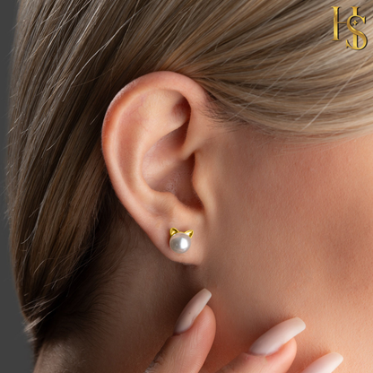 White Cat Pearl Stud Earrings in 925 Sterling Silver with 18k Gold Finish For Women