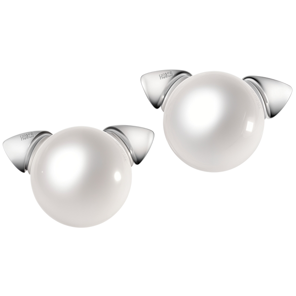 A pair of puppy-shaped stud earrings with freshwater pearls and sterling silver ears, shown on a white background.