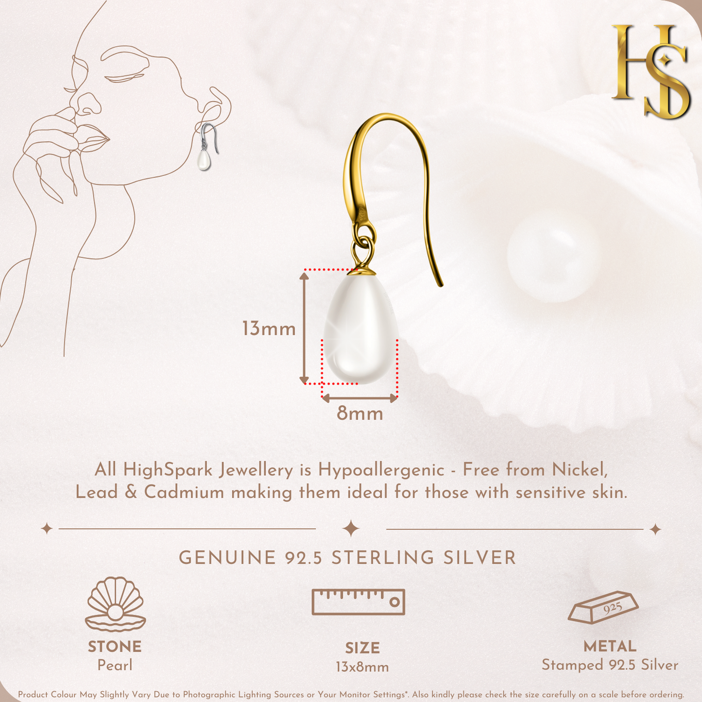 Classic Drop Pearl Earrings in 925 Sterling Silver with 18k Gold Finish For Women