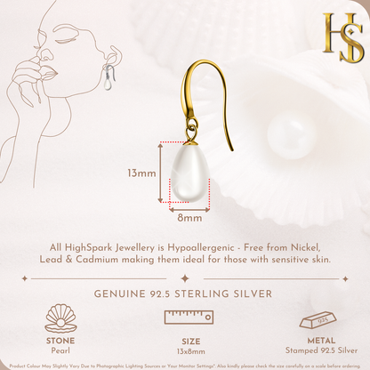Classic Drop Pearl Earrings in 925 Sterling Silver with 18k Gold Finish For Women