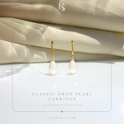 Classic Drop Pearl Earrings in 925 Sterling Silver with 18k Gold Finish For Women