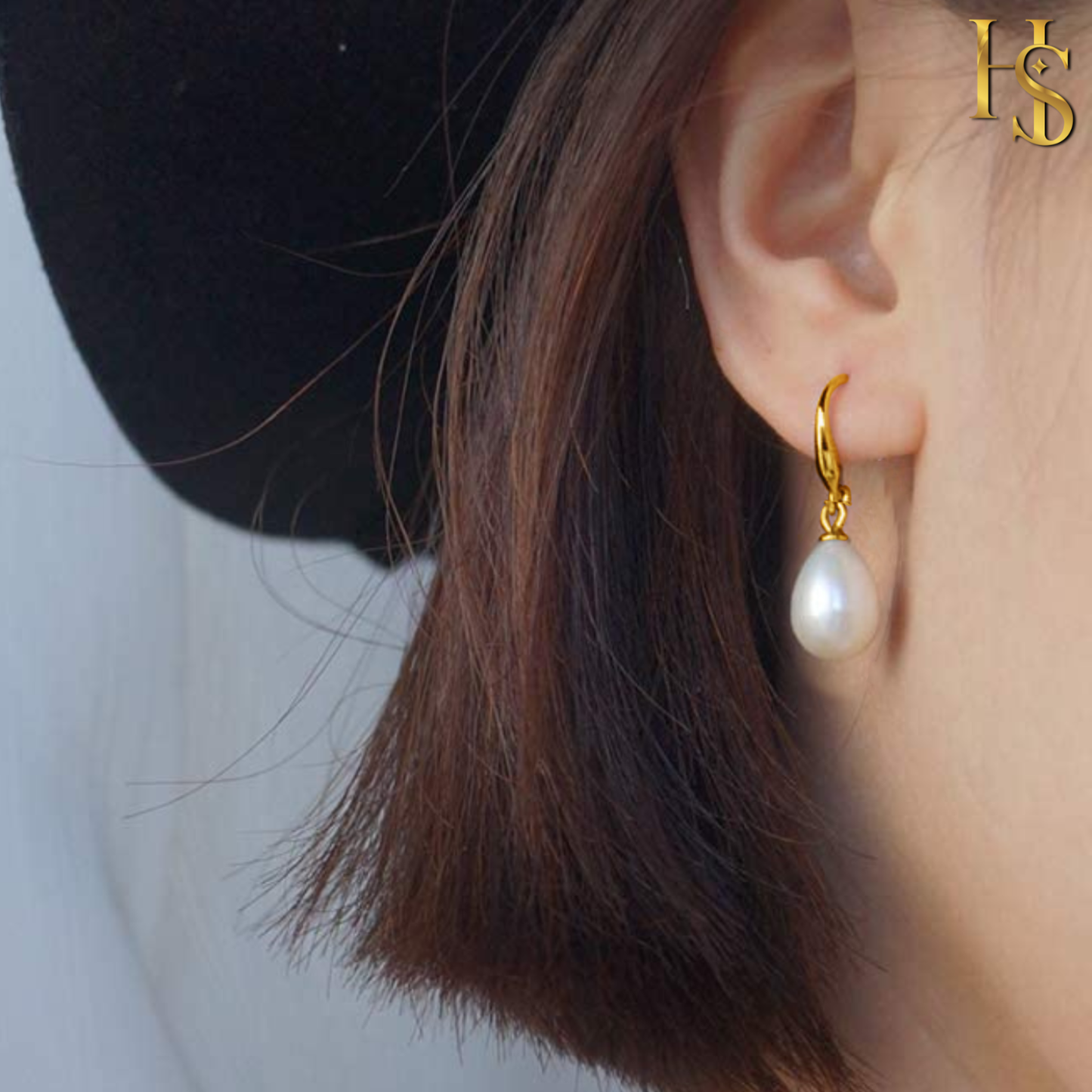 Classic Drop Pearl Earrings in 925 Sterling Silver with 18k Gold Finish For Women