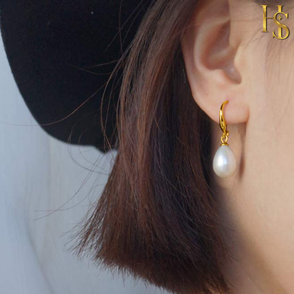 Classic Drop Pearl Earrings in 925 Sterling Silver with 18k Gold Finish For Women