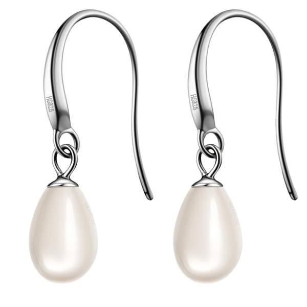 A pair of drop earrings with teardrop-shaped white pearls dangling from sterling silver fish hook closures on a white background.