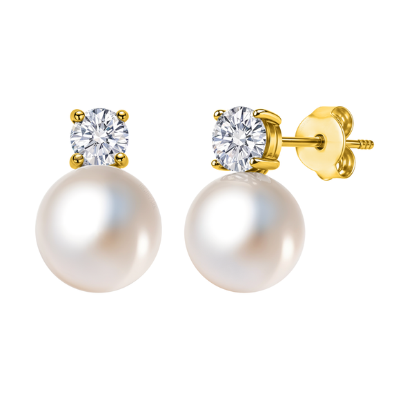 A pair of gold-plated stud earrings with a four-prong American diamond solitaire above a lustrous white pearl drop on a white background.