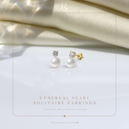 Ethereal Pearl Solitaire Earrings in 925 Sterling Silver in 18k Gold Finish