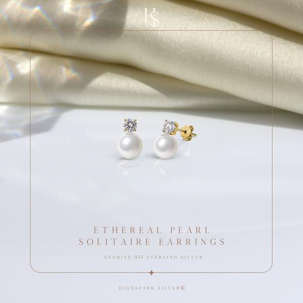 Ethereal Pearl Solitaire Earrings in 925 Sterling Silver in 18k Gold Finish