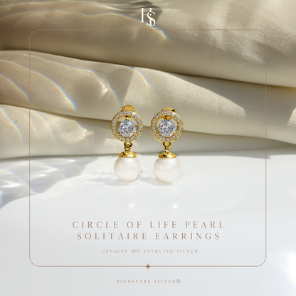 Gold Circle Of Life Pearl Soliatire Earrings in 925 Sterling Silver in 18k Gold Finish