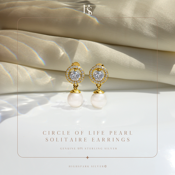Gold Circle Of Life Pearl Soliatire Earrings in 925 Sterling Silver in 18k Gold Finish